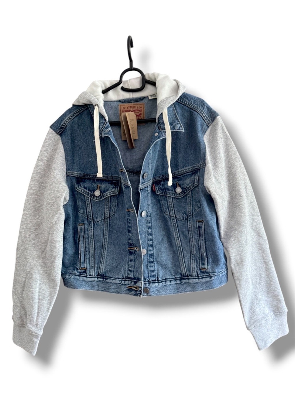 Levi's Blue Denim Jacket with Light Gray Hoodie Sleeves